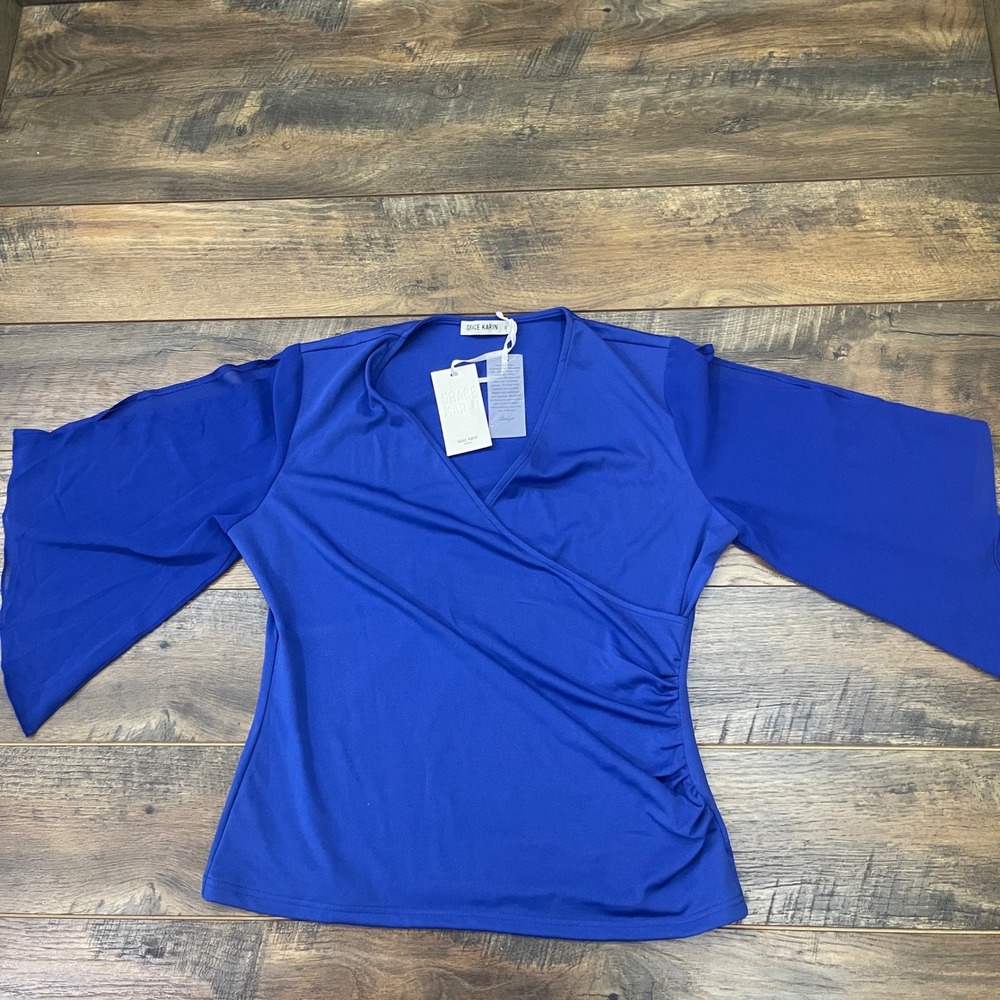 Grace Karin Royal Blue Faux Wrap Top Split Bell Sleeve V-Neck Blouse XL NWT